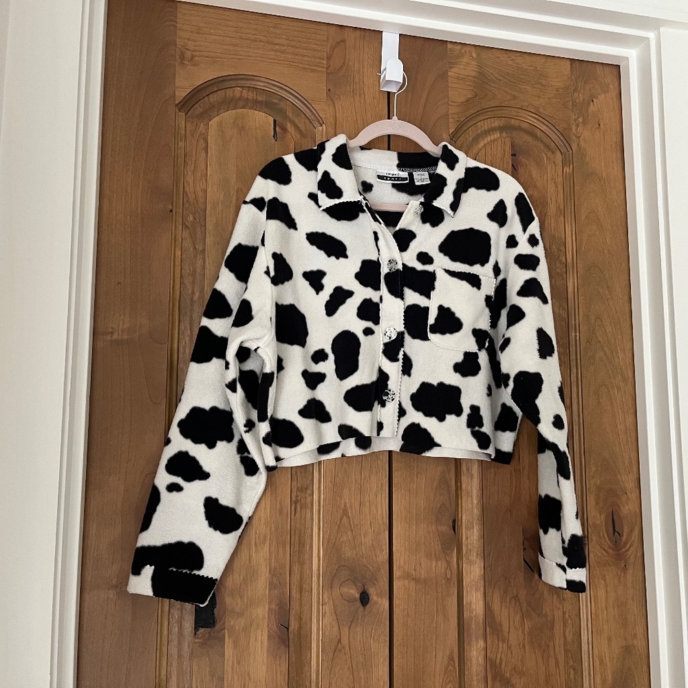 Cropped Cow Print Vintage 90s Soft Fleece Top Jacket — cowgirl large